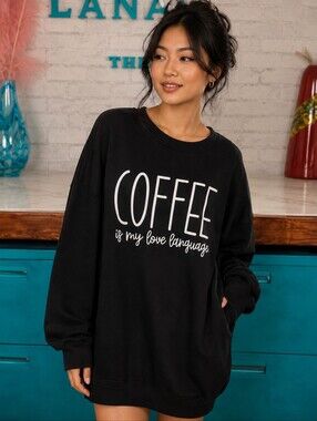 SHEIN Curve Oversized Coffee Is My Love Language Black Sweatshirt Dress 1XL